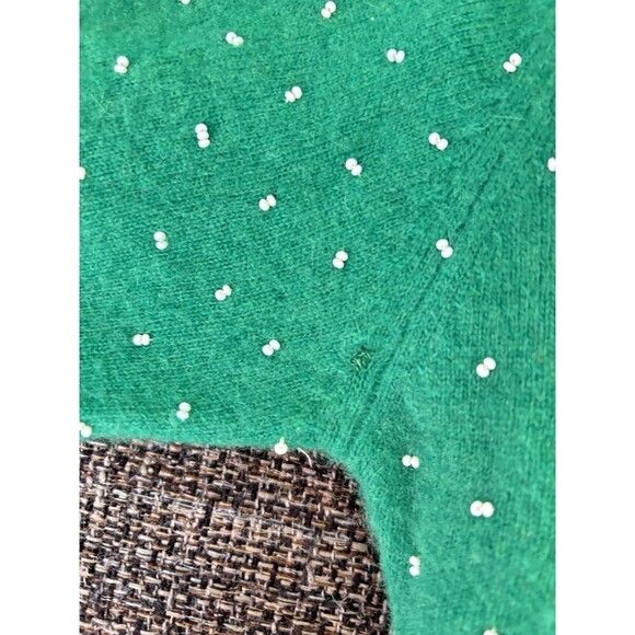 DOREEN LOK Vintage 60s Green Wool White Beads 3/4 Sleeves Cardigan Sweater 36/4 - Picture 6 of 13